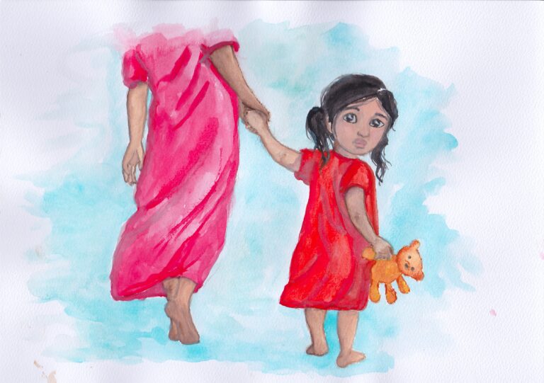 Aquarellmalerei von Jana Schmidt zum Kinderrecht auf Schutz bei Krieg und auf der Flucht